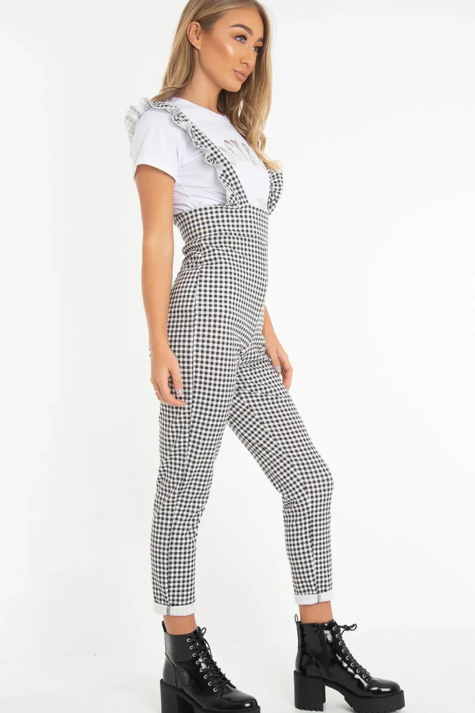 Rebellious Fashion Black & White Check Straight Leg Jumpsuit - Payslee