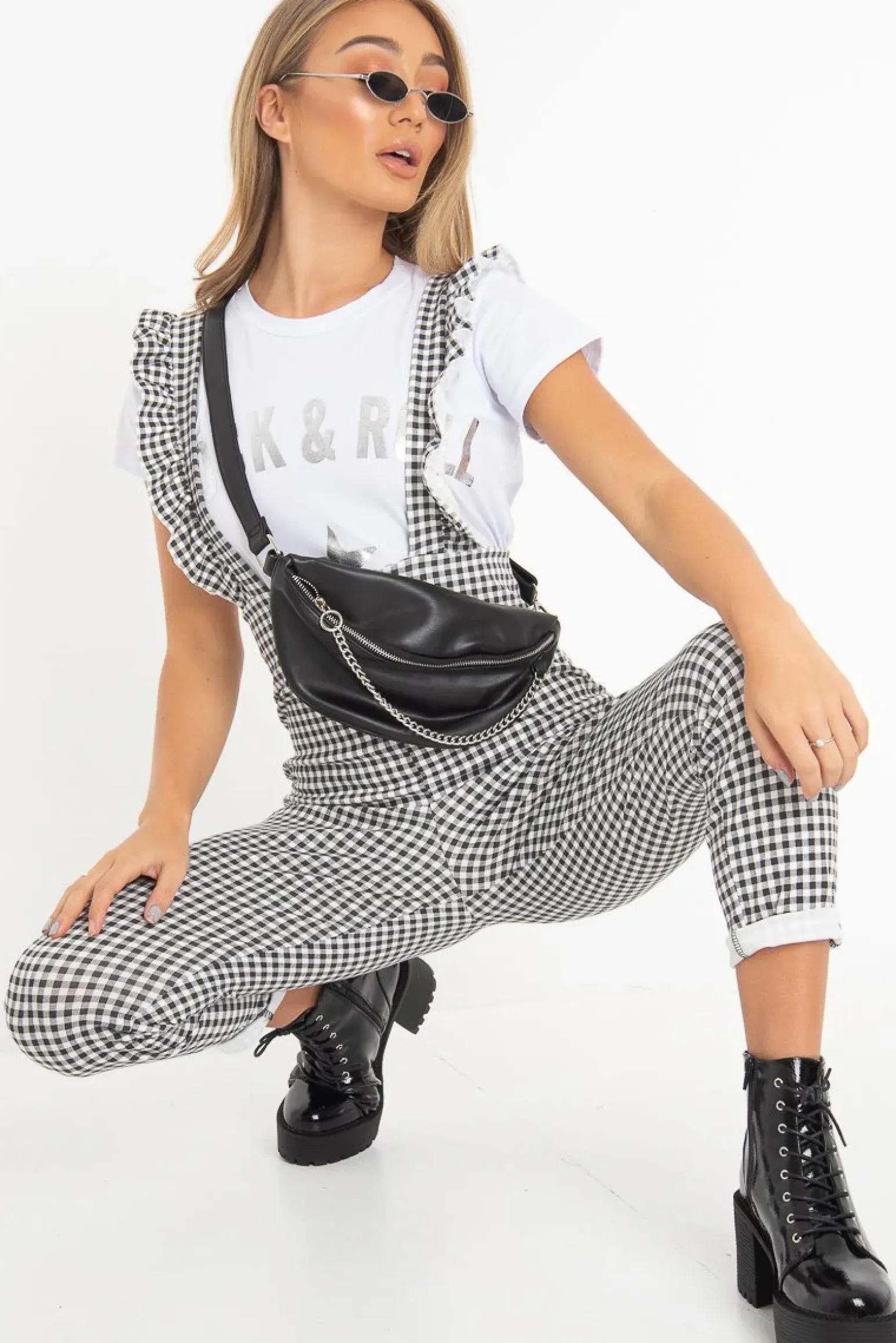 Rebellious Fashion Black & White Check Straight Leg Jumpsuit - Payslee