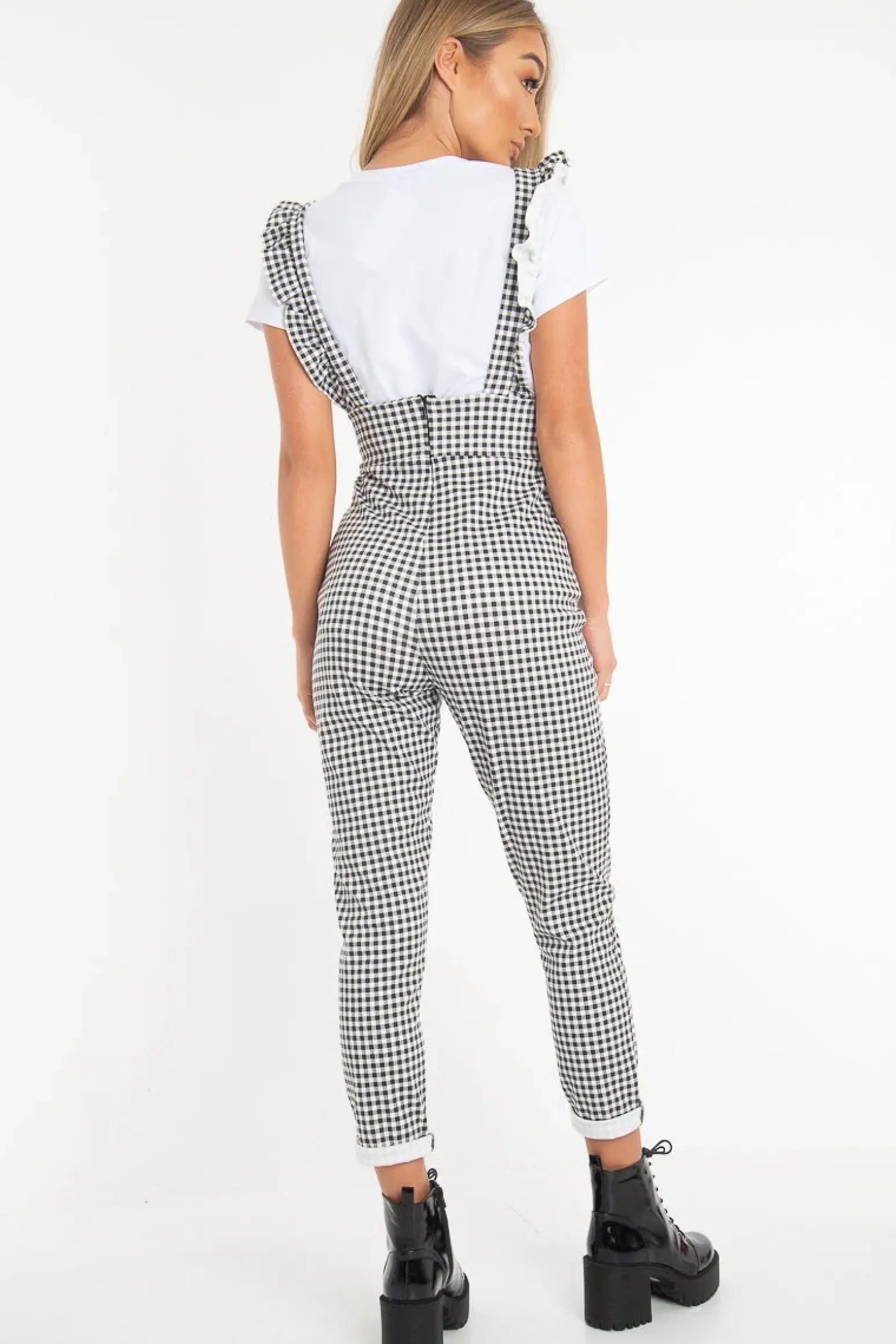 Rebellious Fashion Black & White Check Straight Leg Jumpsuit - Payslee