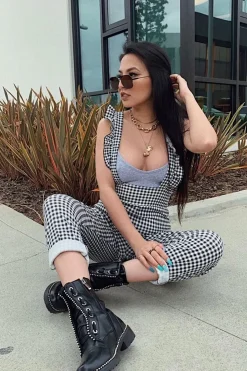Rebellious Fashion Black & White Check Straight Leg Jumpsuit - Payslee