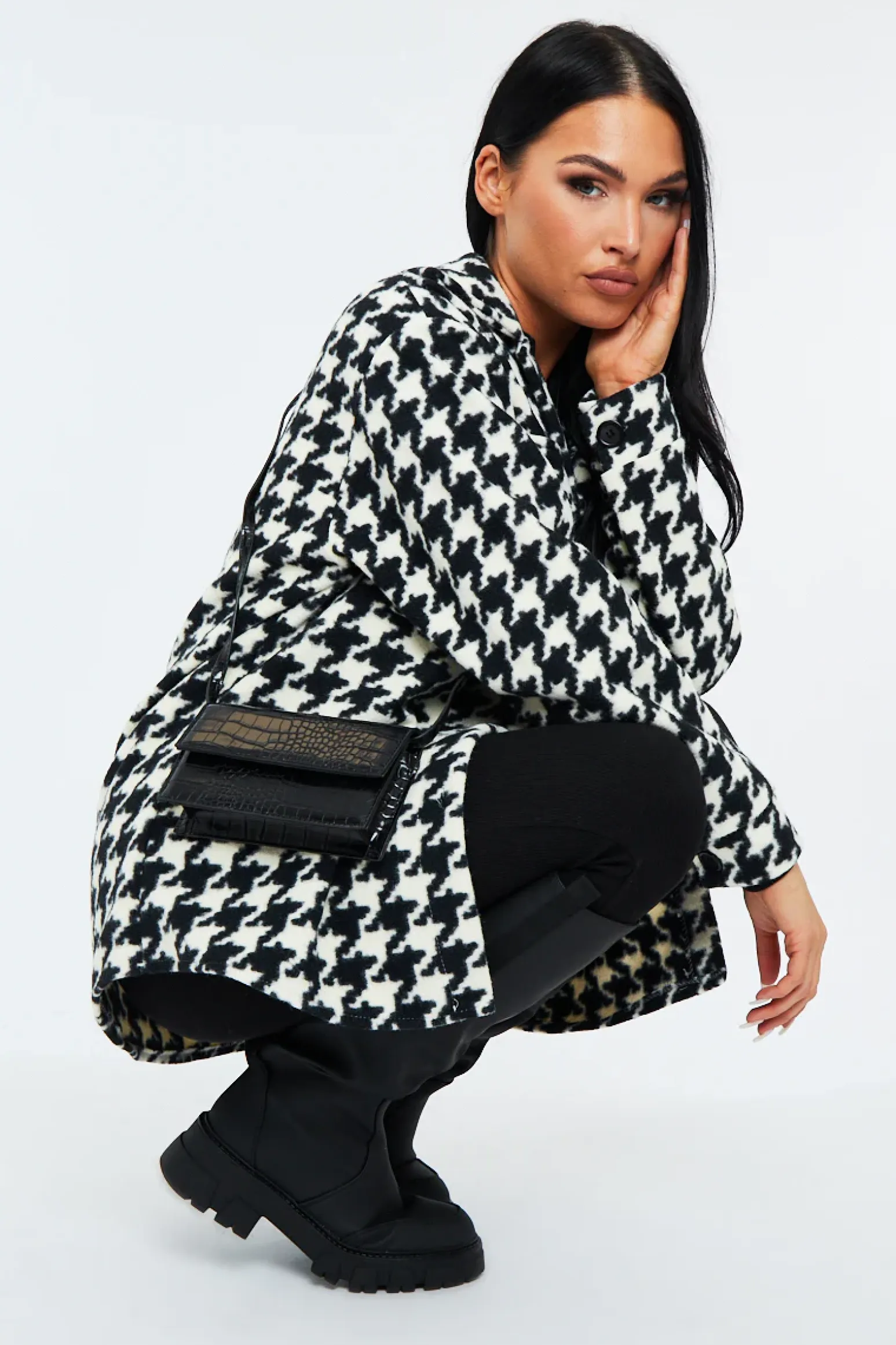 Rebellious Fashion Black & White Houndstooth Pocket Front Shacket - Aleri