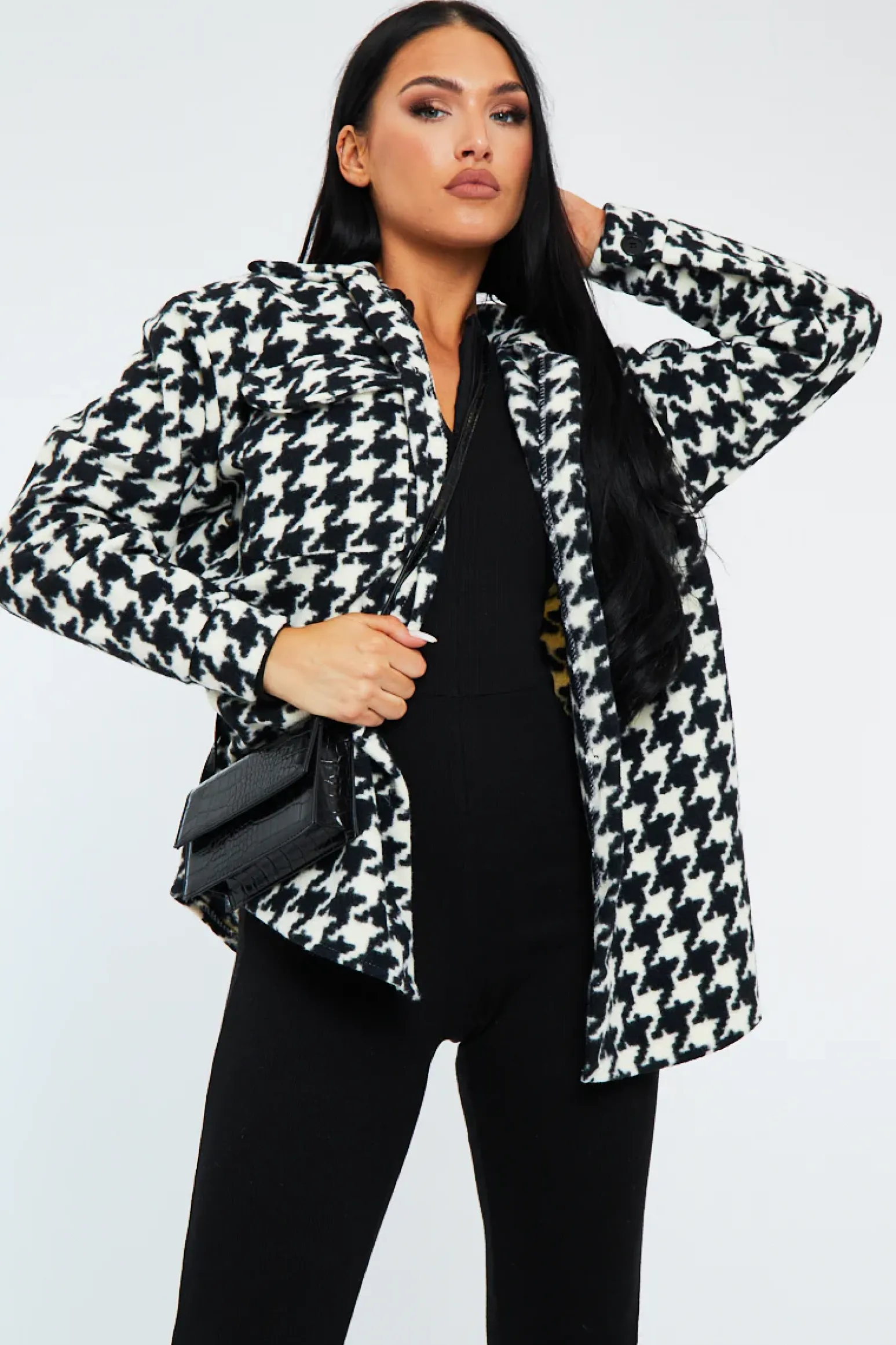 Rebellious Fashion Black & White Houndstooth Pocket Front Shacket - Aleri