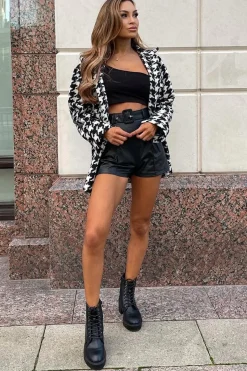 Rebellious Fashion Black & White Houndstooth Pocket Front Shacket - Aleri