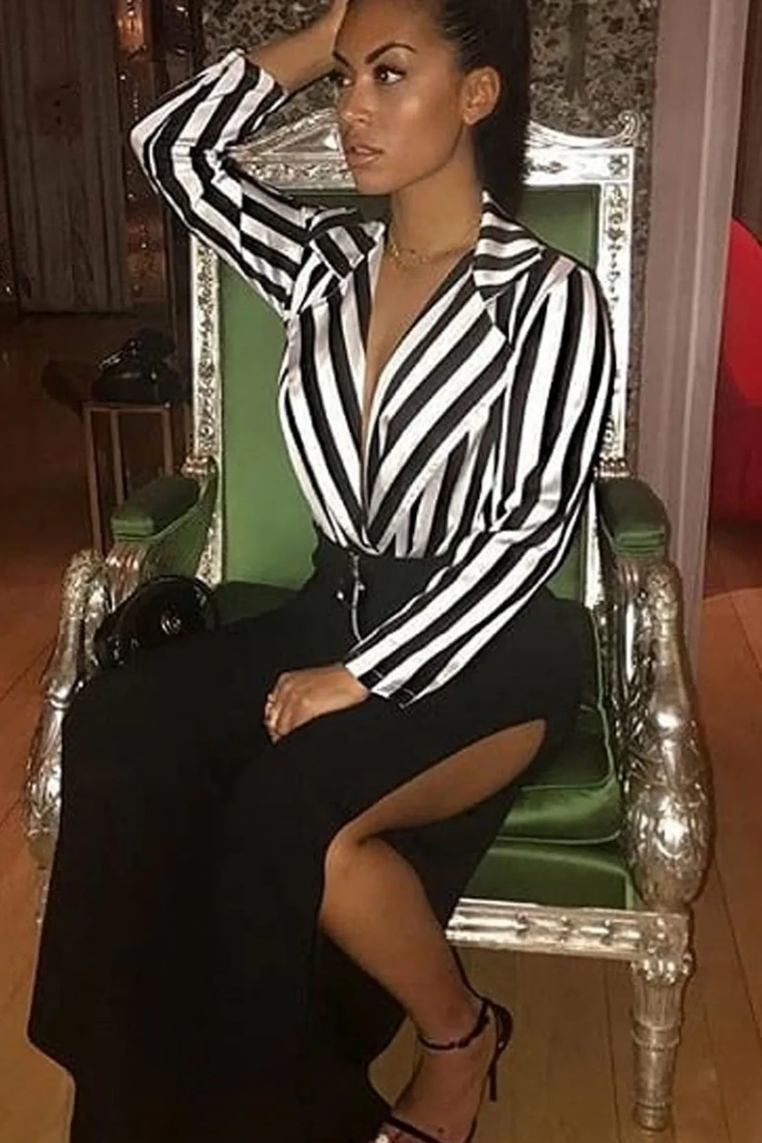Rebellious Fashion Black & White Striped Open Collar Bodysuit - Torie