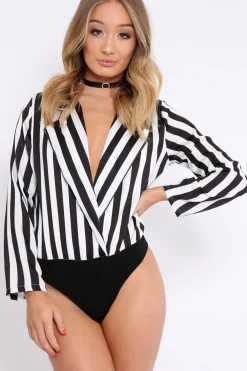 Rebellious Fashion Black & White Striped Open Collar Bodysuit - Torie