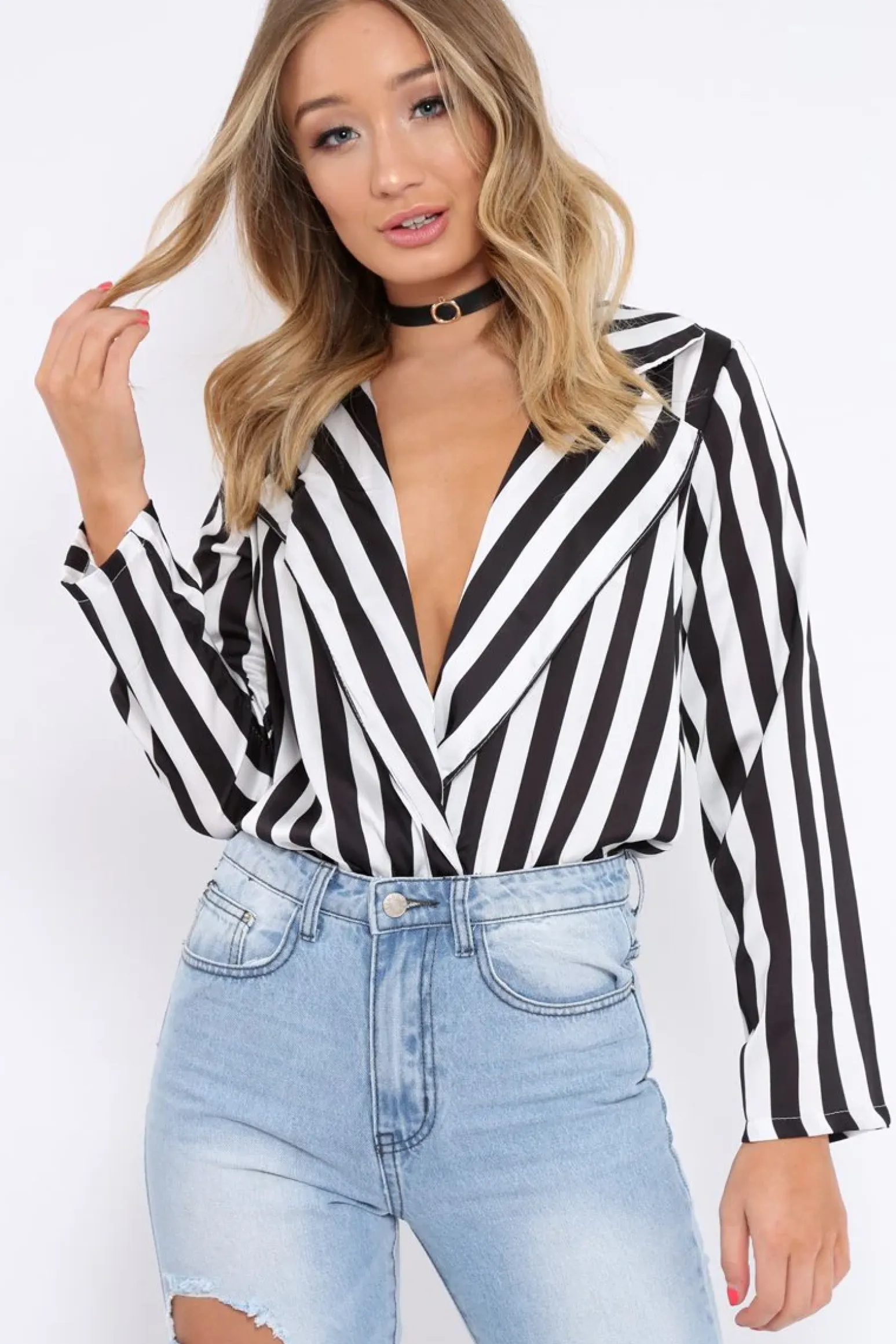 Rebellious Fashion Black & White Striped Open Collar Bodysuit - Torie