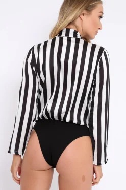 Rebellious Fashion Black & White Striped Open Collar Bodysuit - Torie
