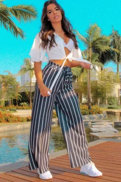 Rebellious Fashion Black & White Stripe Tie Belt Trousers - Twisha