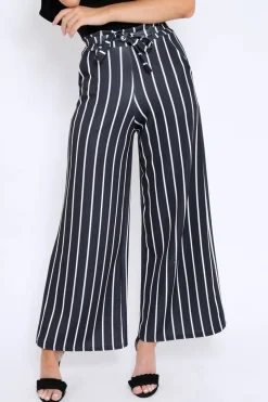 Rebellious Fashion Black & White Stripe Tie Belt Trousers - Twisha