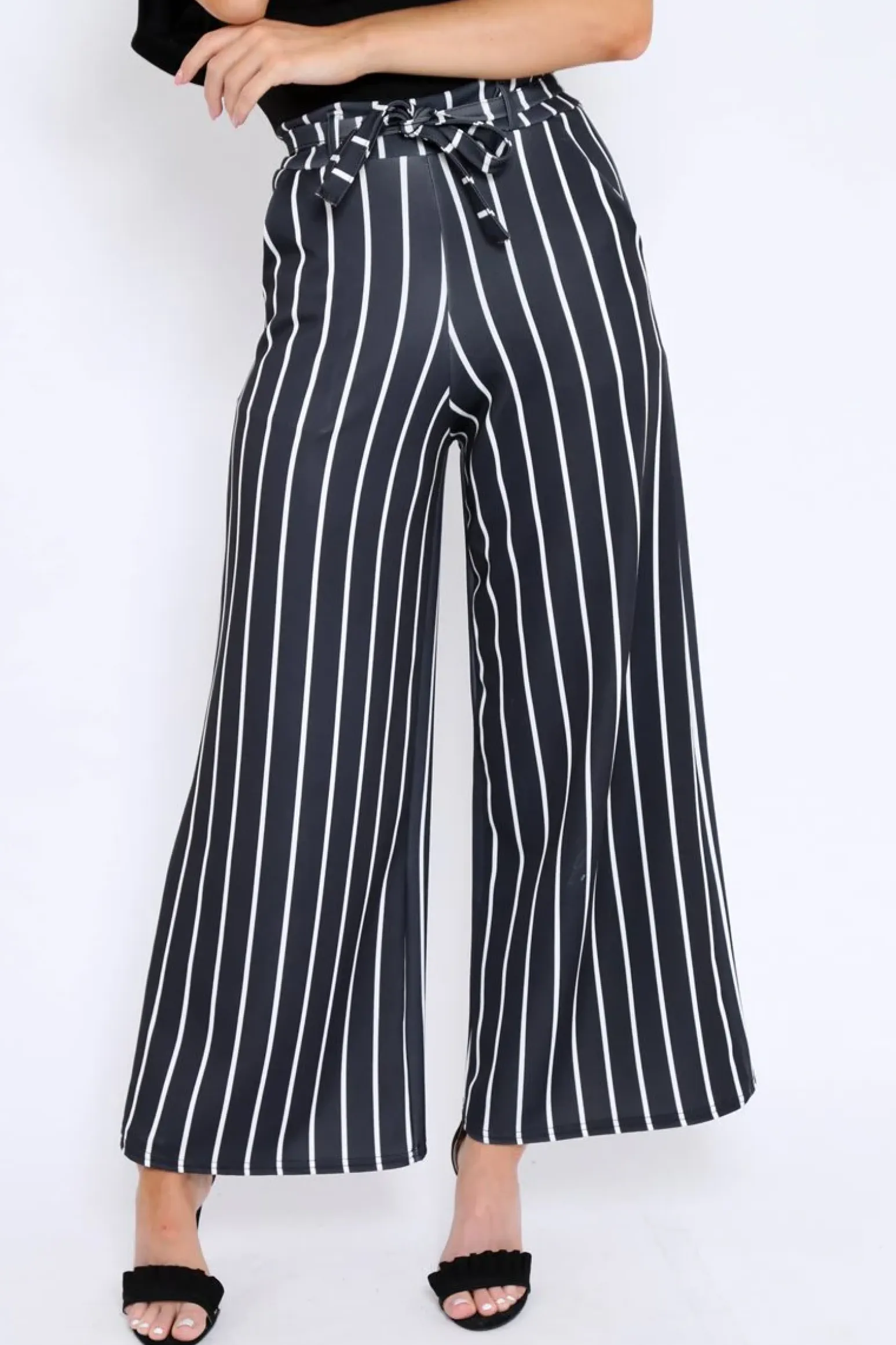 Rebellious Fashion Black & White Stripe Tie Belt Trousers - Twisha