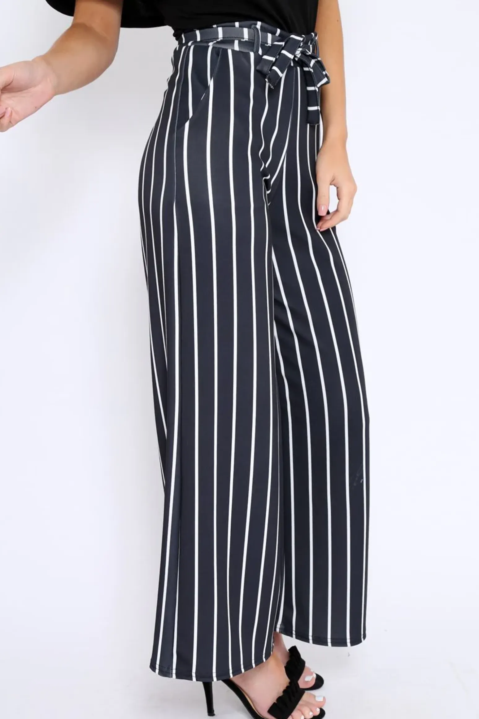 Rebellious Fashion Black & White Stripe Tie Belt Trousers - Twisha