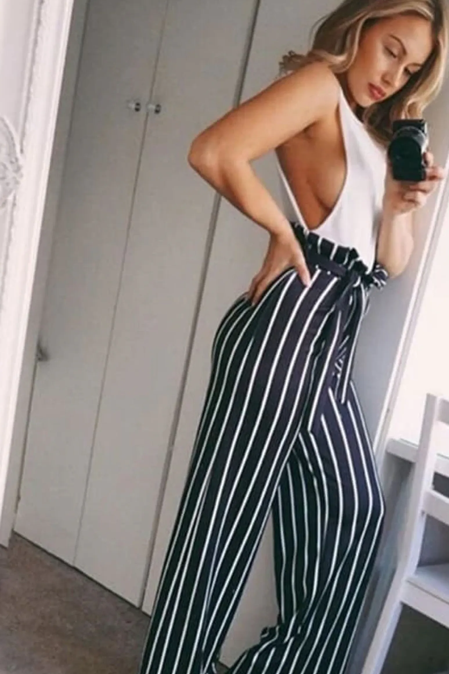 Rebellious Fashion Black & White Stripe Tie Belt Trousers - Twisha