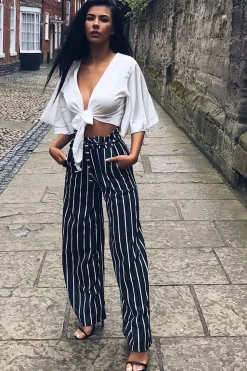 Rebellious Fashion Black & White Stripe Tie Belt Trousers - Twisha