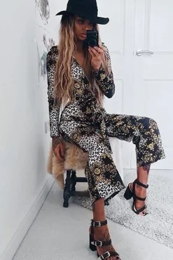 Rebellious Fashion Black and Gold Leopard Print Zip Front Jumpsuit - Aazeen