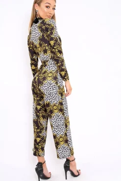 Rebellious Fashion Black and Gold Leopard Print Zip Front Jumpsuit - Aazeen