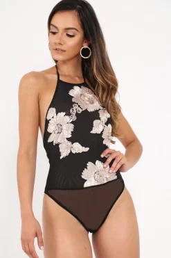 Rebellious Fashion Black And Gold Mesh Floral Embroidered Halterneck Bodysuit - Keelynn