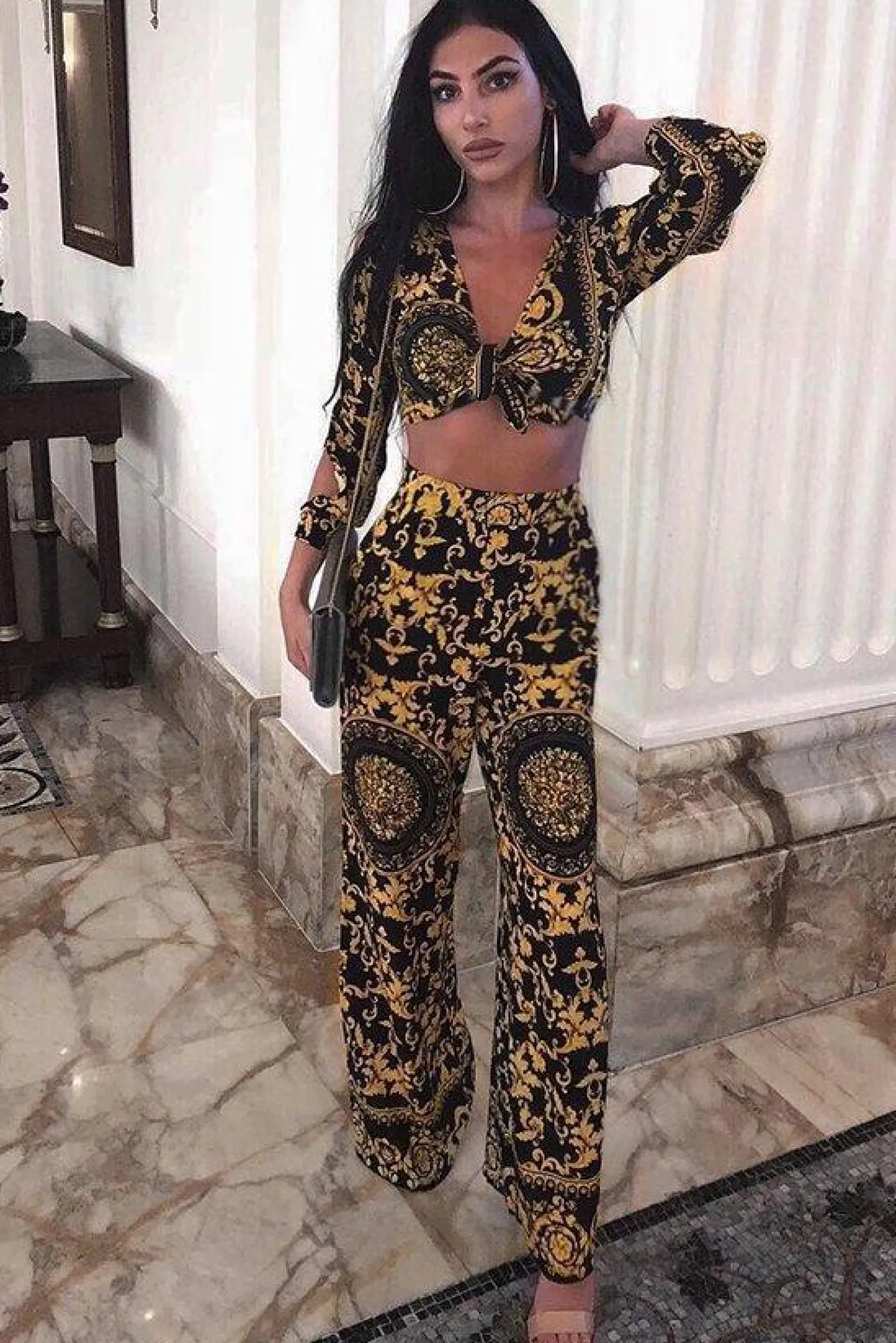 Rebellious Fashion Black and Gold Print Tie front Crop Top - Delia