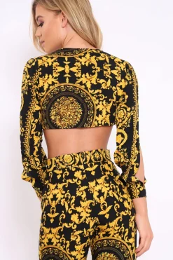 Rebellious Fashion Black and Gold Print Tie front Crop Top - Delia