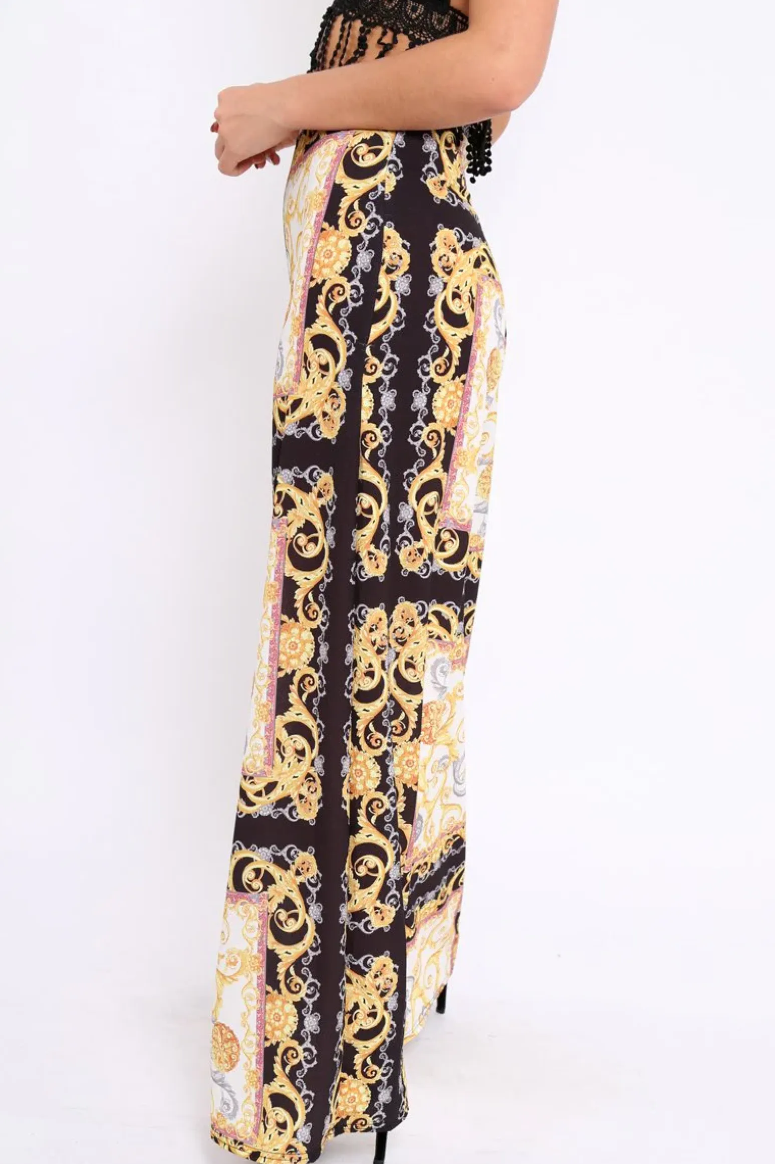 Rebellious Fashion Black and Gold Scarf Print High Waist Flare Trousers - Freddy