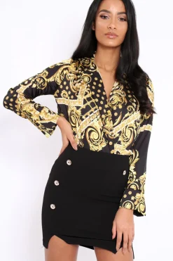 Rebellious Fashion Black and Gold Scarf Print Satin Plunge Bodysuit - Moniqua