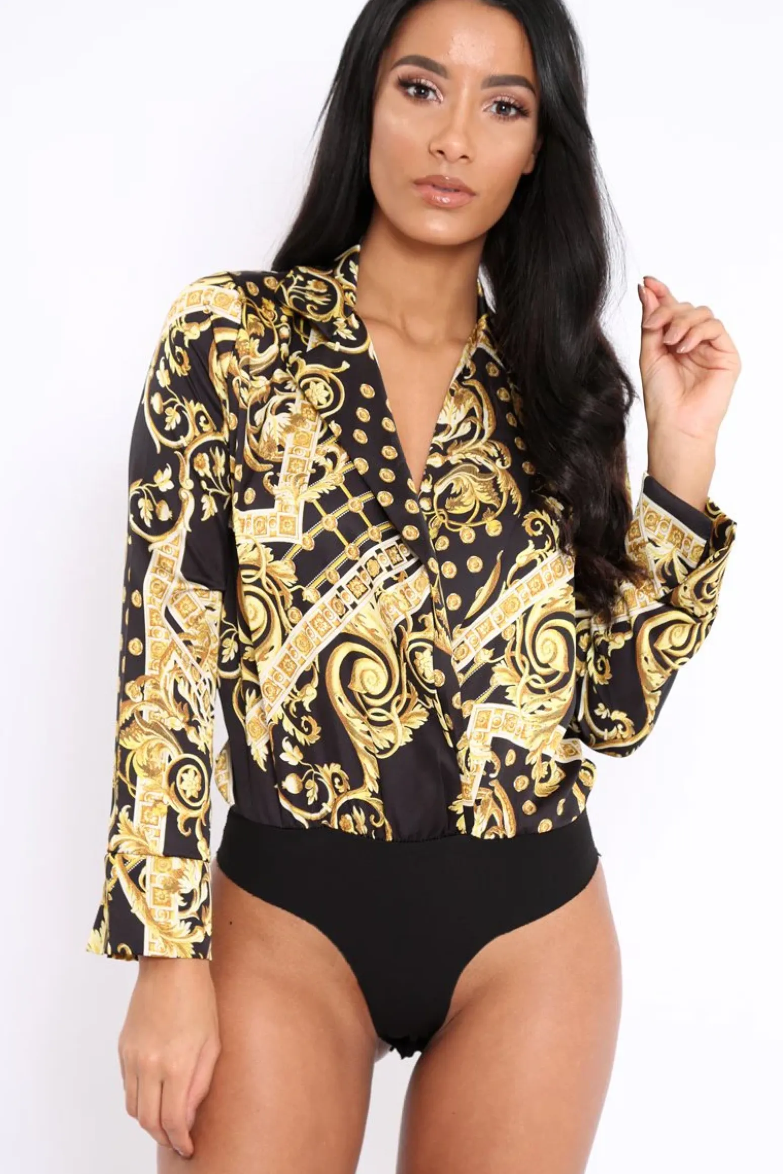 Rebellious Fashion Black and Gold Scarf Print Satin Plunge Bodysuit - Moniqua