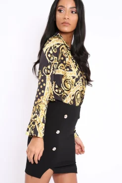 Rebellious Fashion Black and Gold Scarf Print Satin Plunge Bodysuit - Moniqua