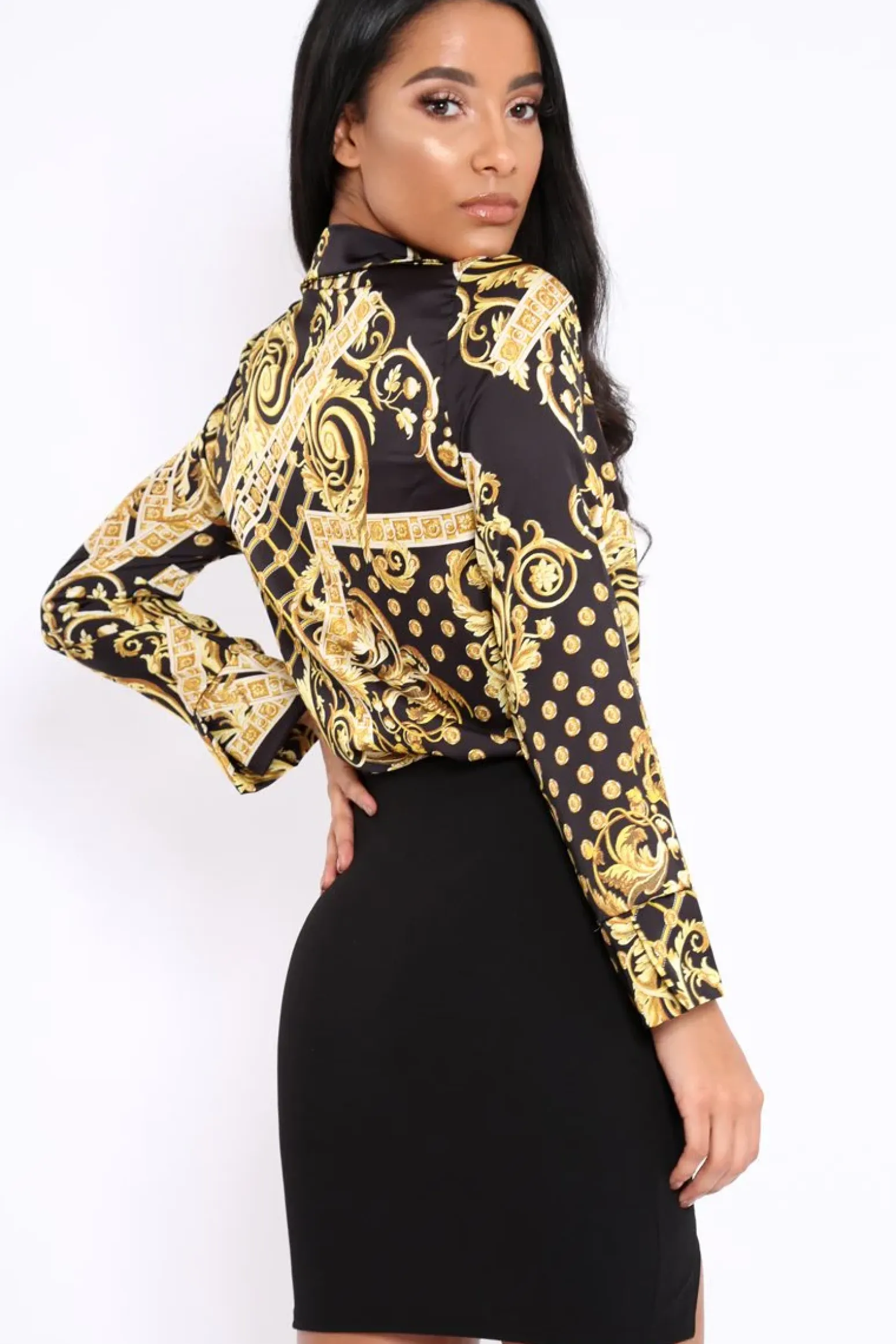Rebellious Fashion Black and Gold Scarf Print Satin Plunge Bodysuit - Moniqua