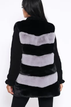 Rebellious Fashion Black and Grey Faux Fur Striped Gilet - Ida