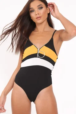 Rebellious Fashion Black and Mustard Ribbed Ring Zip Front Bodysuit - Carmella