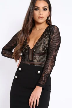 Rebellious Fashion Black and Nude Lace Long Sleeve Open Back Bodysuit - Ellice
