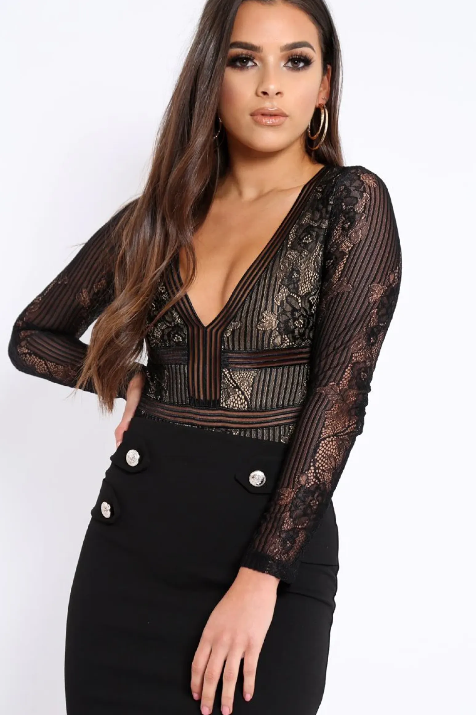 Rebellious Fashion Black and Nude Lace Long Sleeve Open Back Bodysuit - Ellice