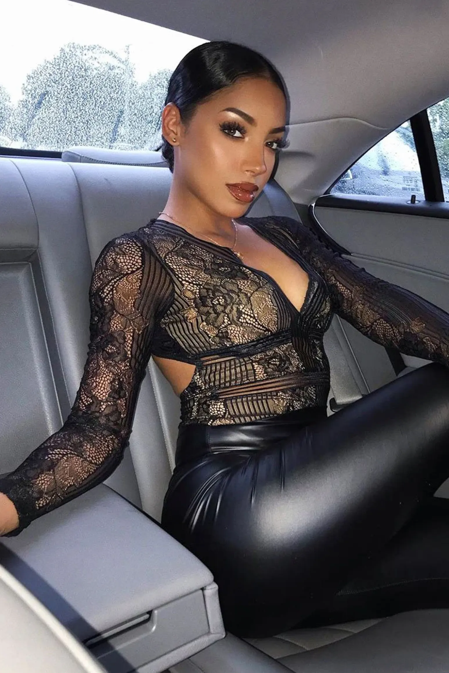 Rebellious Fashion Black and Nude Lace Long Sleeve Open Back Bodysuit - Ellice