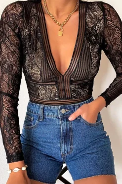 Rebellious Fashion Black and Nude Lace Long Sleeve Open Back Bodysuit - Ellice