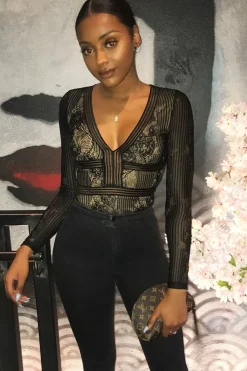 Rebellious Fashion Black and Nude Lace Long Sleeve Open Back Bodysuit - Ellice