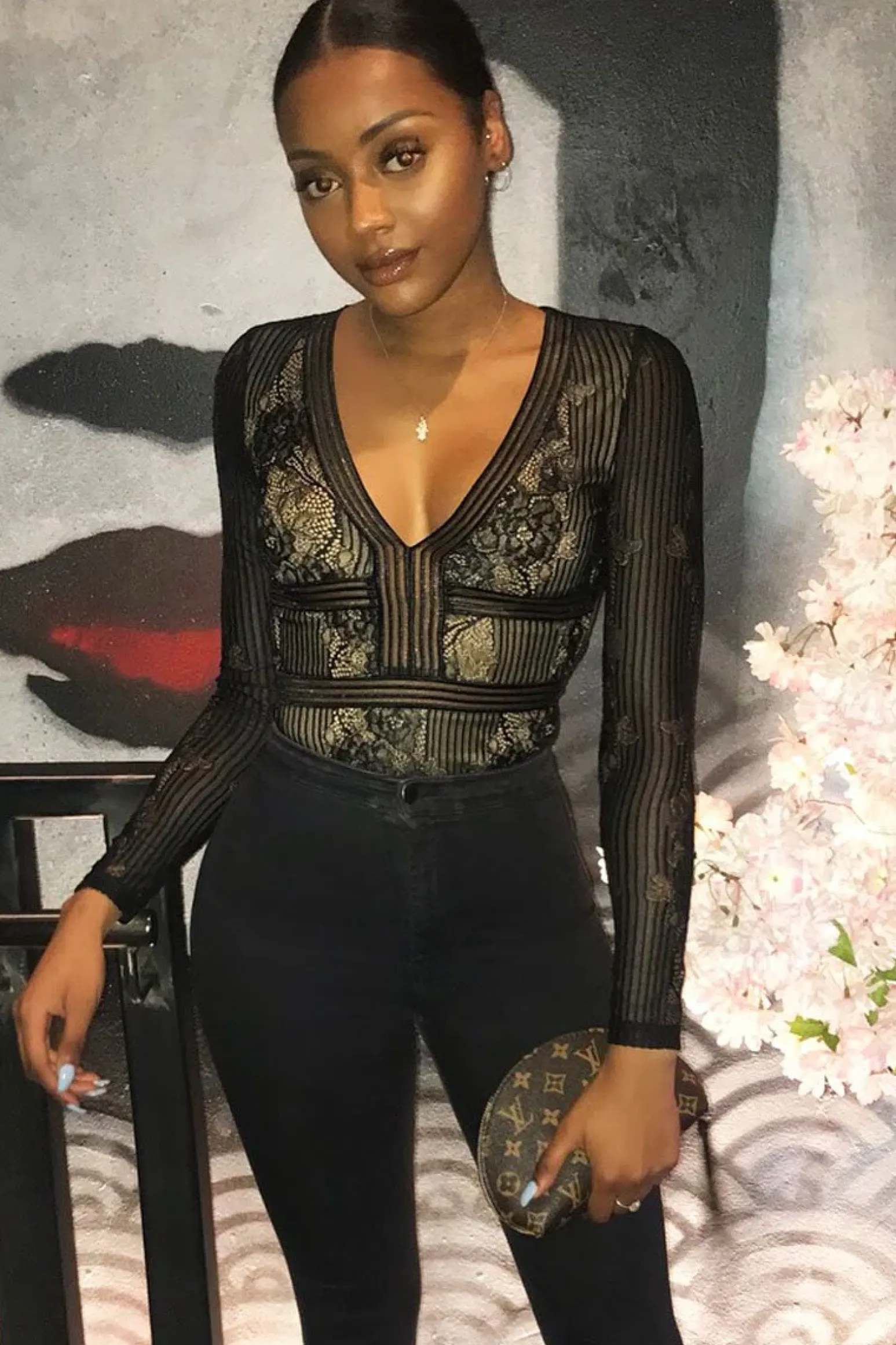Rebellious Fashion Black and Nude Lace Long Sleeve Open Back Bodysuit - Ellice