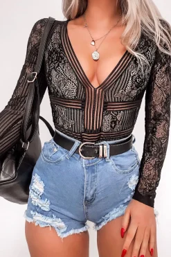Rebellious Fashion Black and Nude Lace Long Sleeve Open Back Bodysuit - Ellice