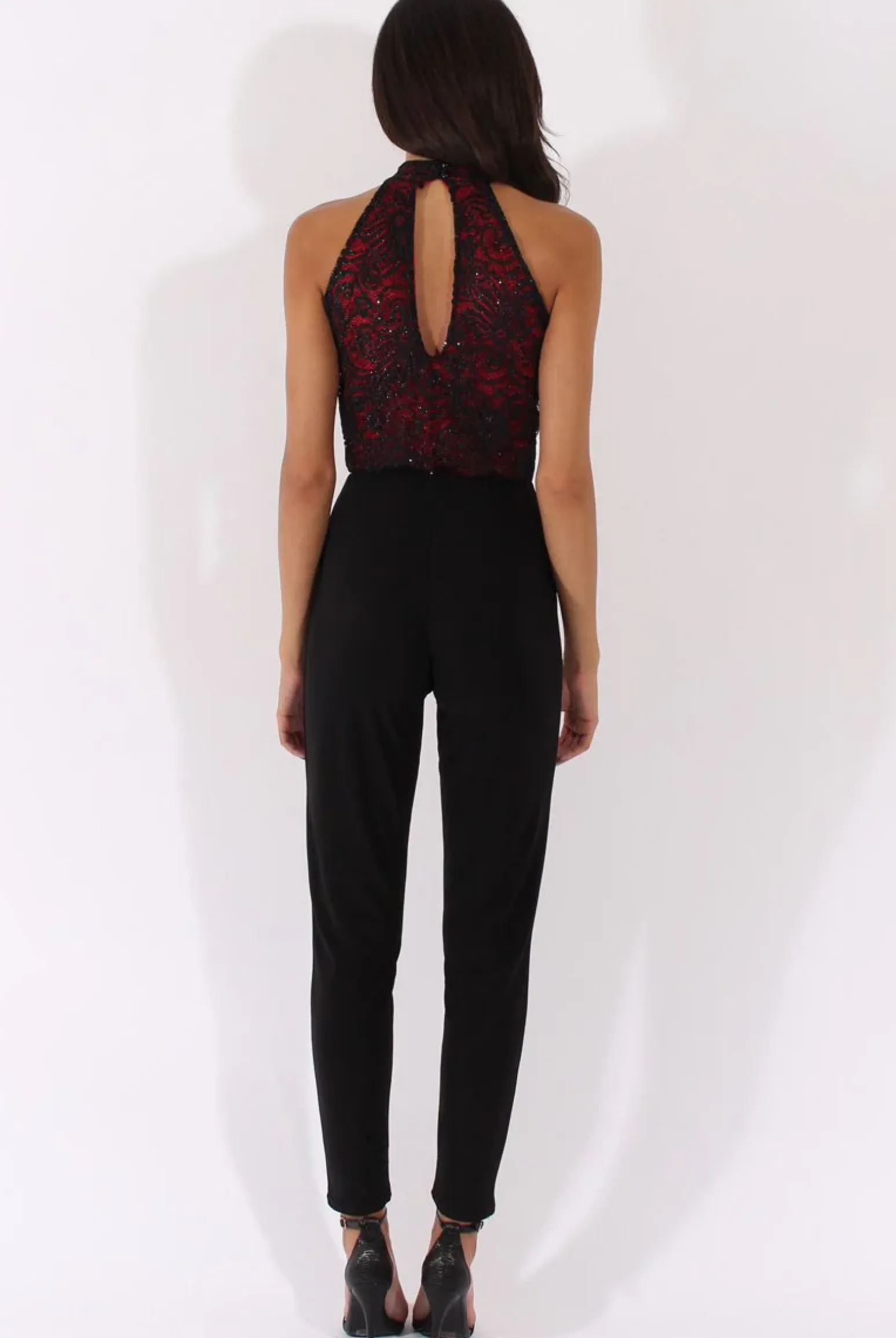 Rebellious Fashion Black And Red Glitter Lace High Neck Jumpsuit - Abella