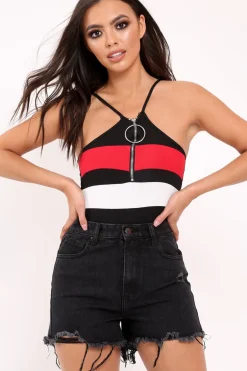 Rebellious Fashion Black and Red Ribbed Ring Zip Front Bodysuit - Carmella