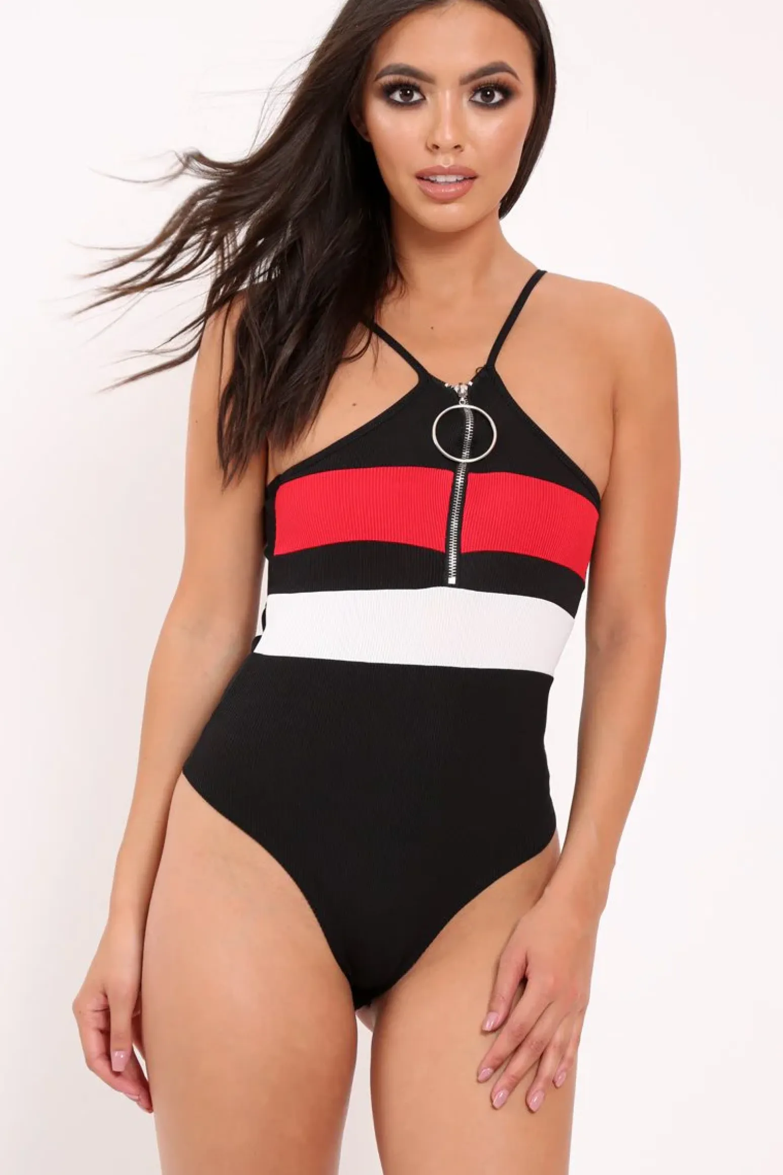 Rebellious Fashion Black and Red Ribbed Ring Zip Front Bodysuit - Carmella