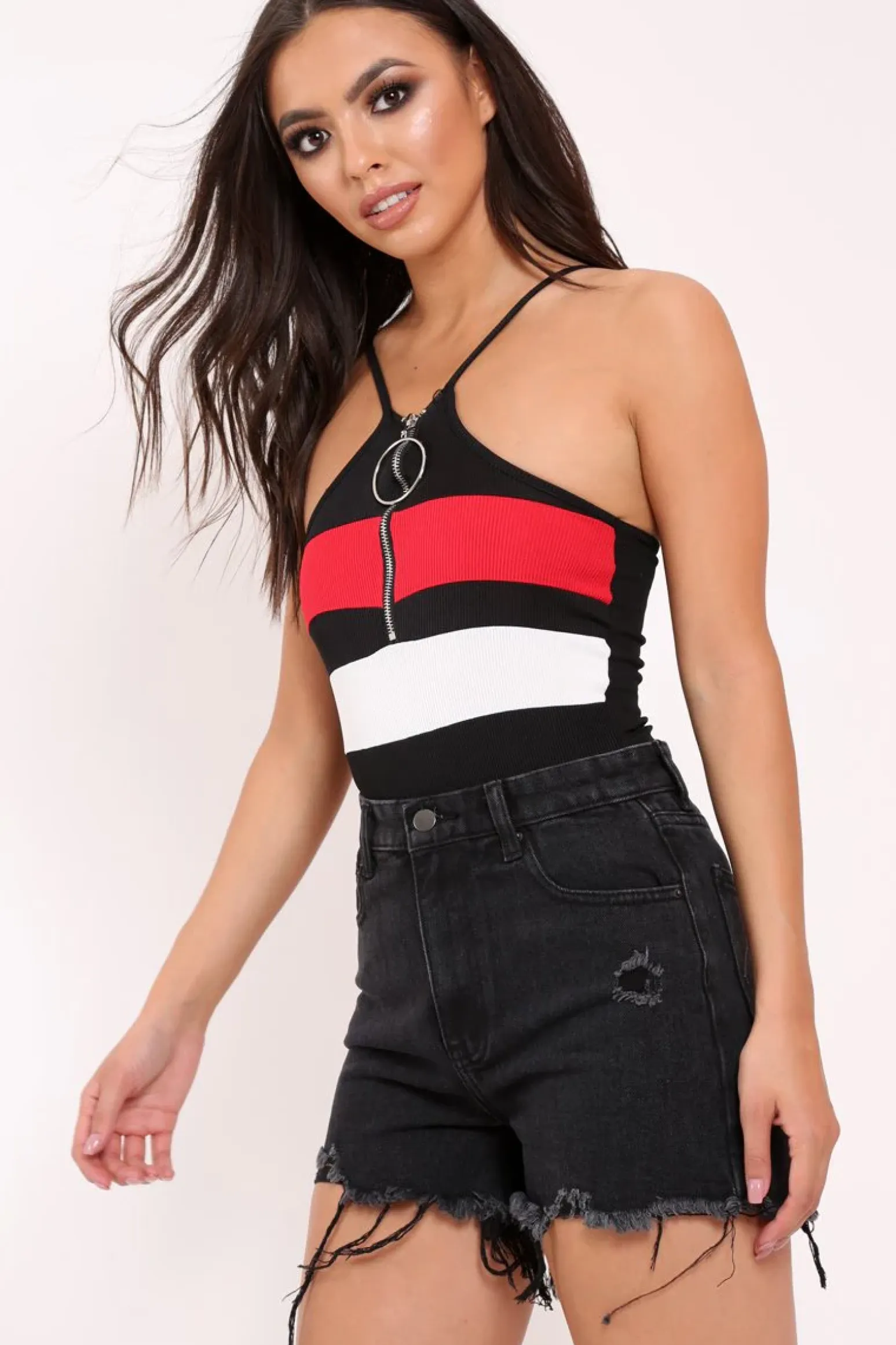 Rebellious Fashion Black and Red Ribbed Ring Zip Front Bodysuit - Carmella