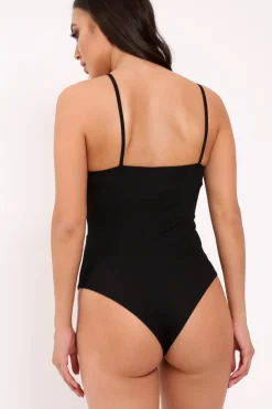 Rebellious Fashion Black and Red Ribbed Ring Zip Front Bodysuit - Carmella