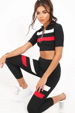 Rebellious Fashion Black And Red Stripe Crop Top And Leggings Co-Ord - Ramey
