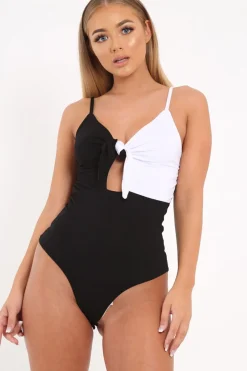 Rebellious Fashion Black And White Bow Front Bodysuit - Saoirse