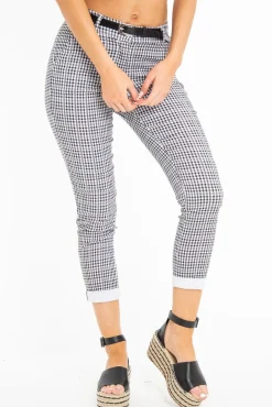 Rebellious Fashion Black and White Check Belted Tapered Trousers - Kierra