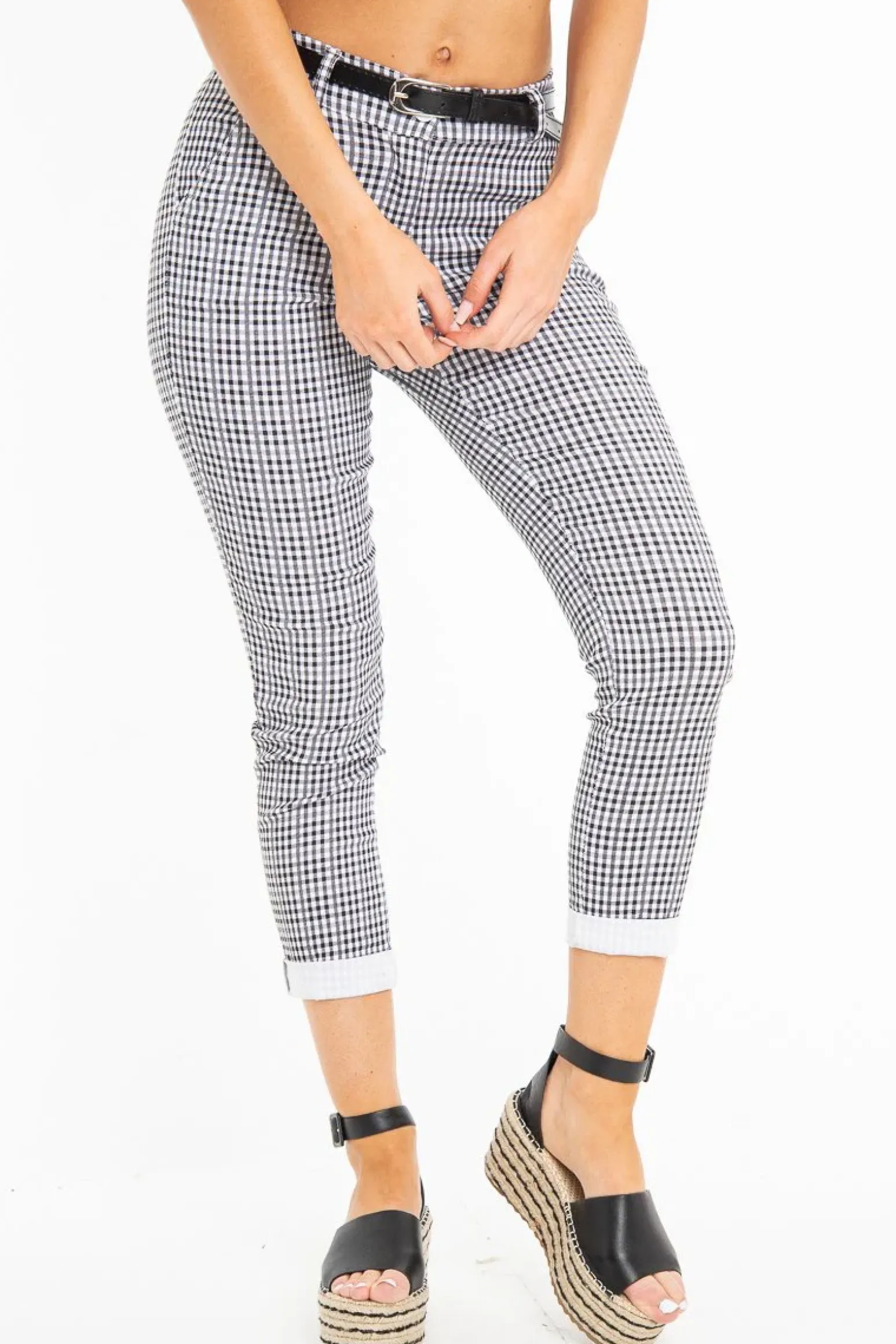 Rebellious Fashion Black and White Check Belted Tapered Trousers - Kierra
