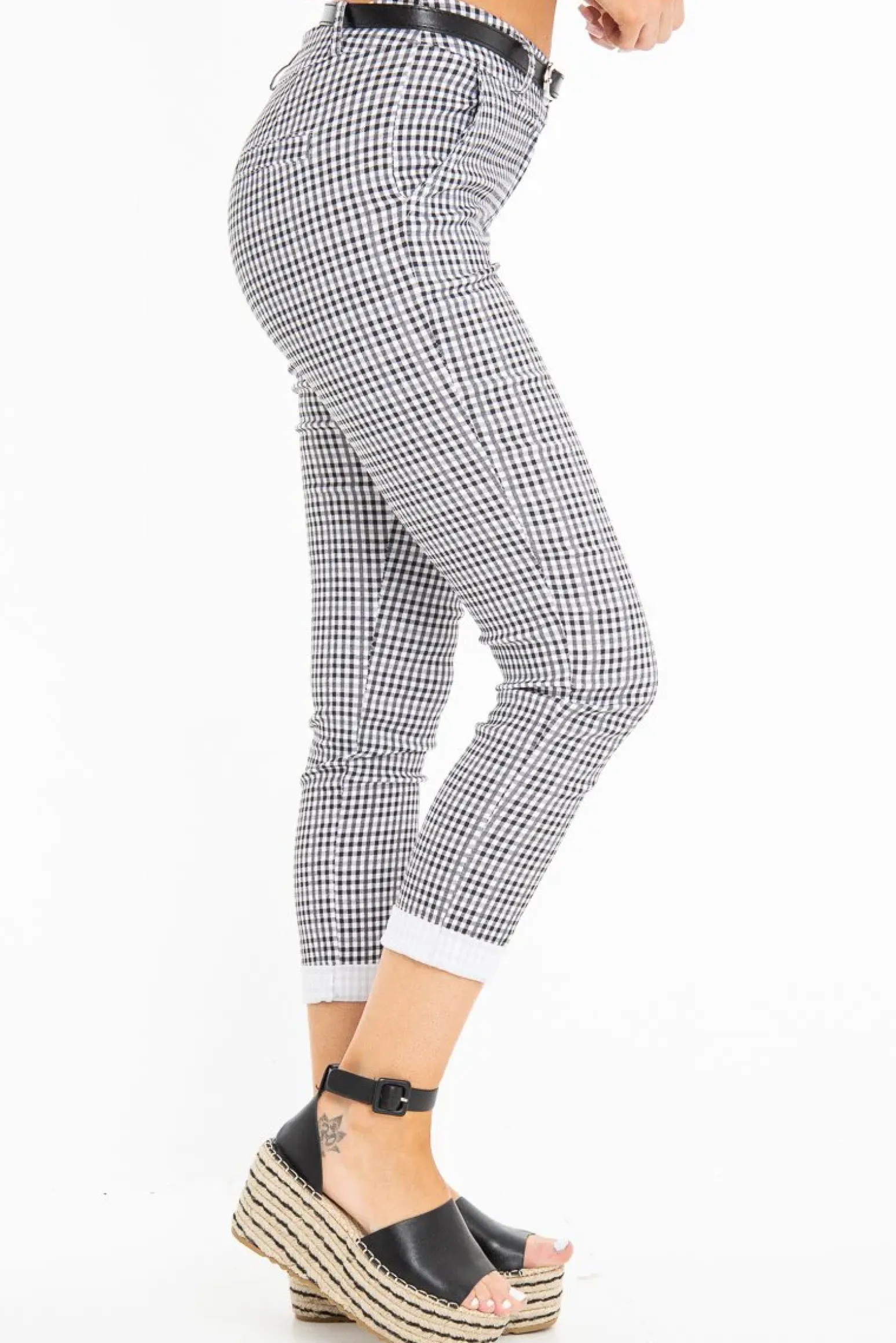 Rebellious Fashion Black and White Check Belted Tapered Trousers - Kierra