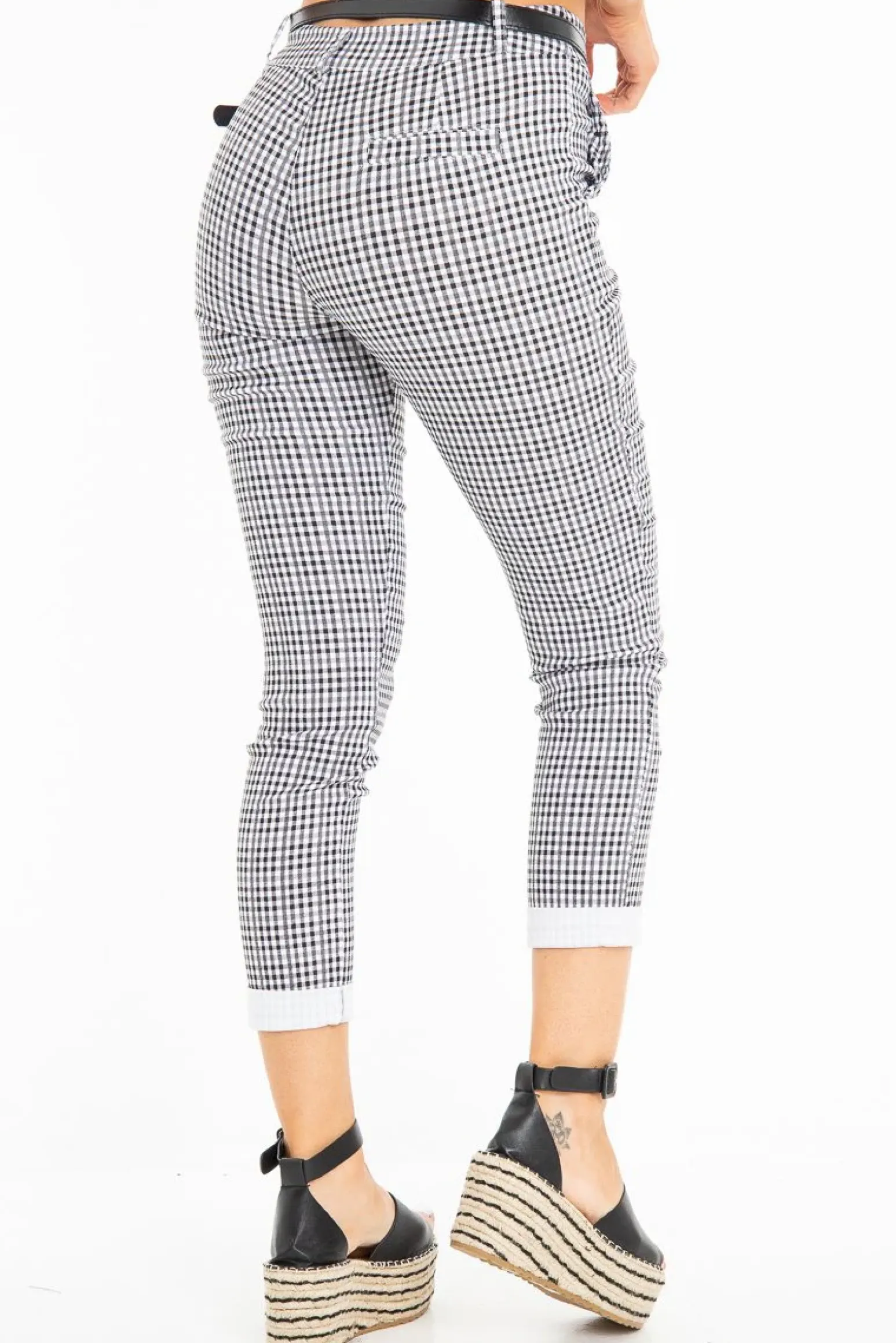 Rebellious Fashion Black and White Check Belted Tapered Trousers - Kierra