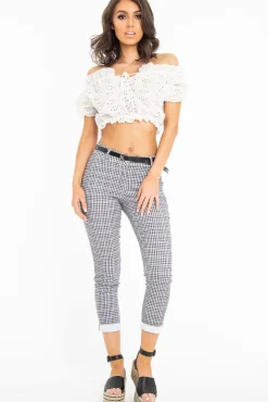 Rebellious Fashion Black and White Check Belted Tapered Trousers - Kierra