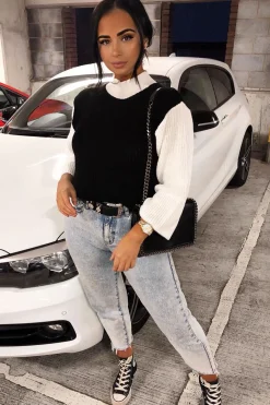 Rebellious Fashion Black And White Knitted High Neck Oversized Jumper - Cerina