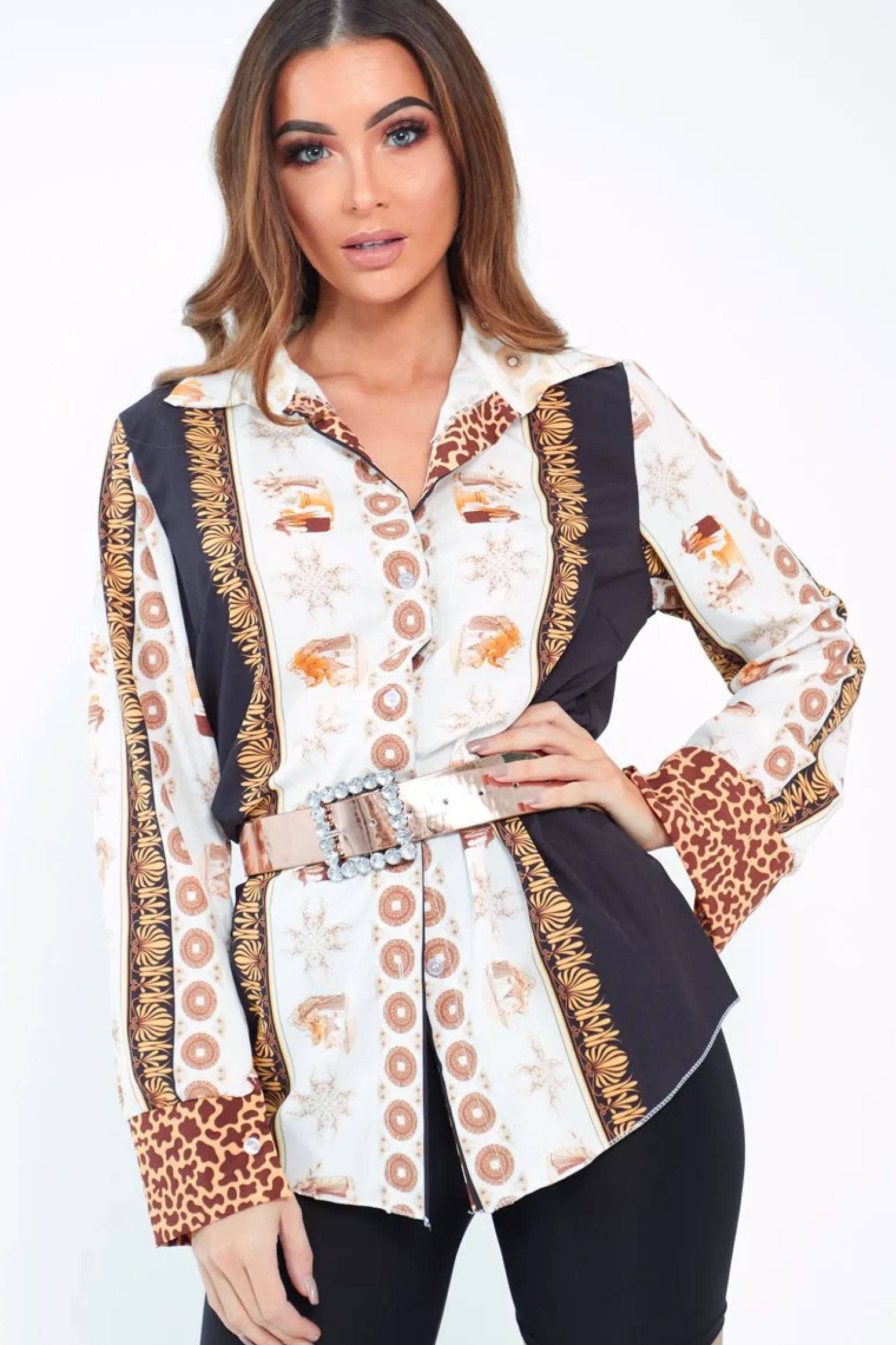 Rebellious Fashion Black And White Leopard Print Detail Satin Shirt - Corean